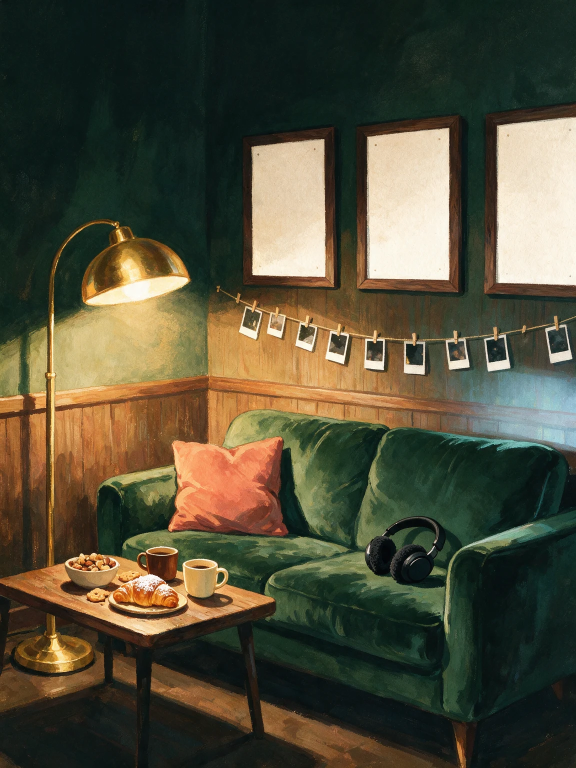 A velvet green-room couch under a warm brass lamp, a headset resting on one arm.